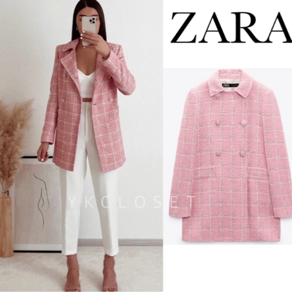 Zara pea coat NWT pink check coat Chanel Jackie Kennedy style NWT - Picture 2 of 7
